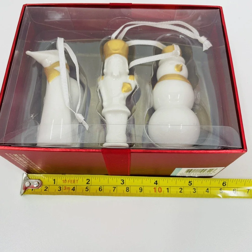 Starbucks 2012 Holiday Ceramic Ornament Set Fox Nutcracker Snowman White‎ Gold